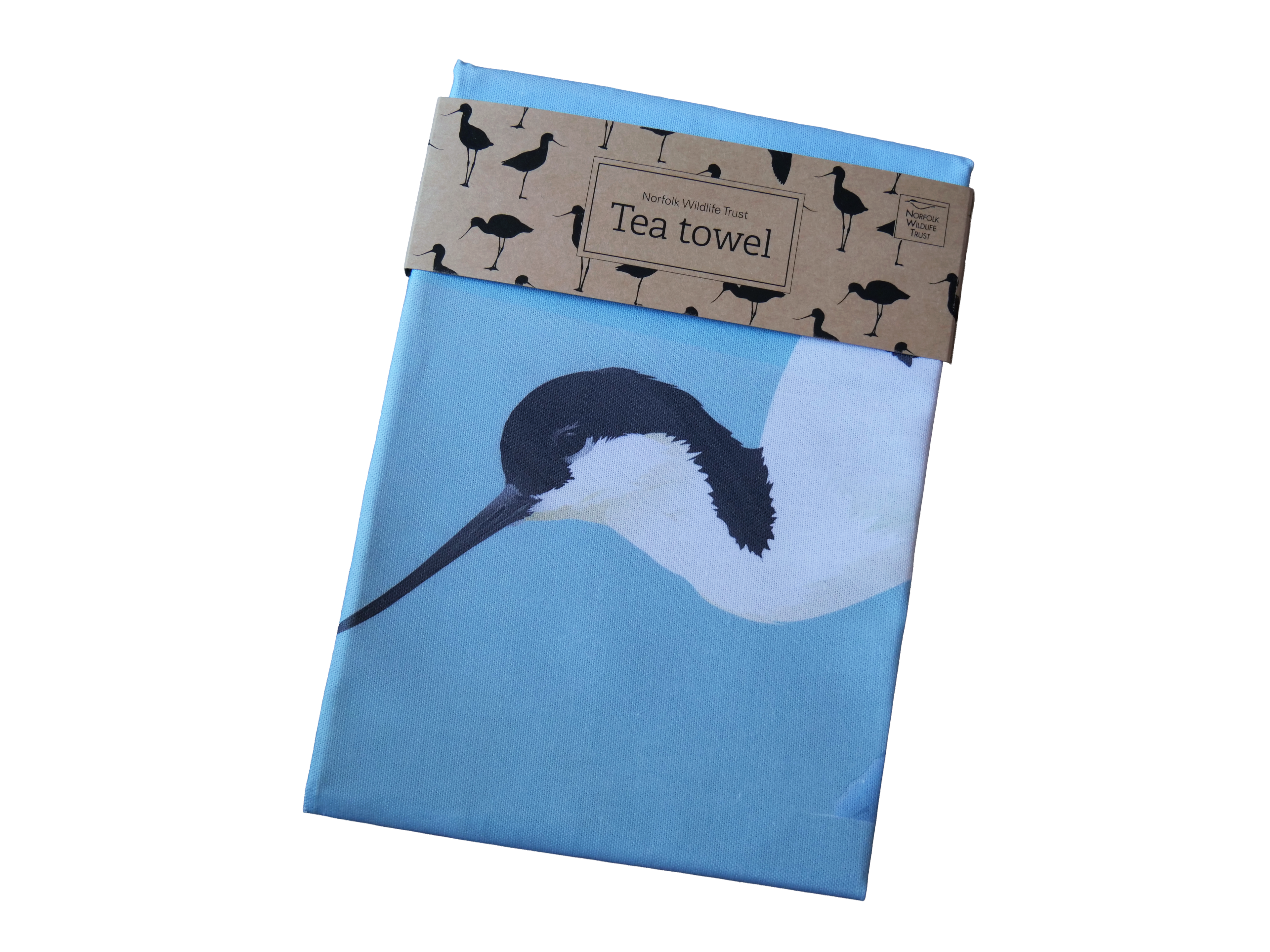 A blue rectangular tea towel features an avocet and chick, packaged with a card holder. 