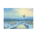 A winter Broads landscape painting of a broad winding through snowy marsh grasses, with a Barn owl flying overhead and four waterfowl in the distance under a pale sky.