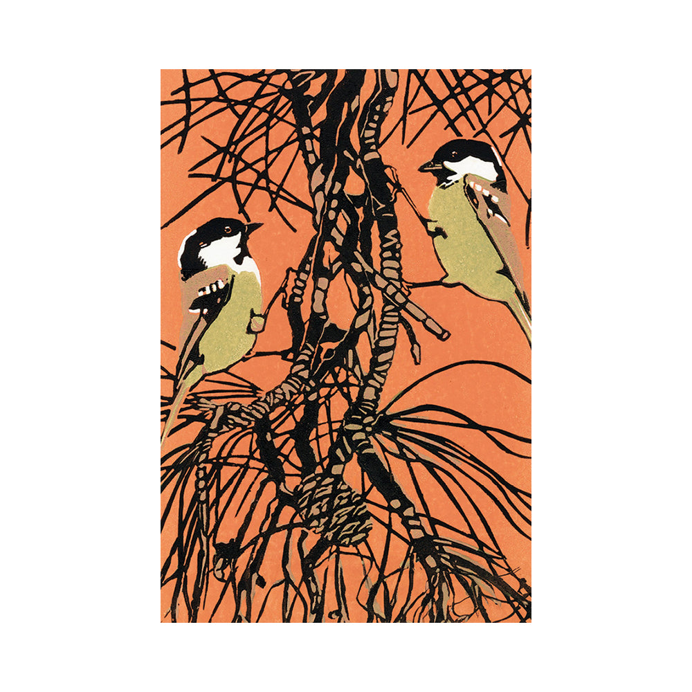 A stylized art print depicting two Coal tits perched within a conifer tree, rendered in black ink on a warm orange background.
