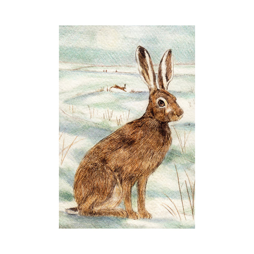A detailed drypoint illustration of a brown hare sitting in a snowy landscape, with another hare in the background.