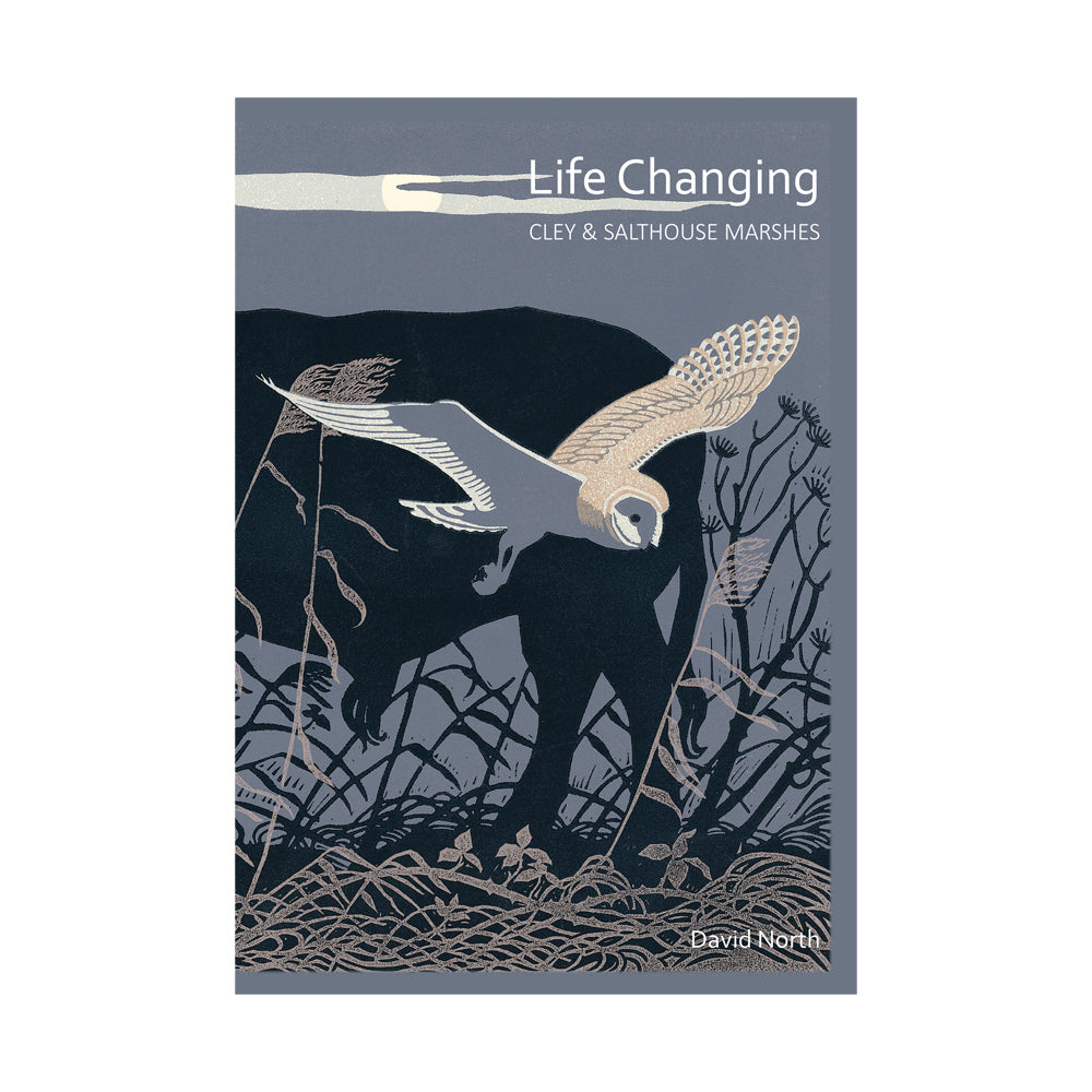The cover of the Life Changing book by David North, which shows the silhouette of the hind legs of a bull with a barn owl hunting over wintry vegetation under a moonlit sky.