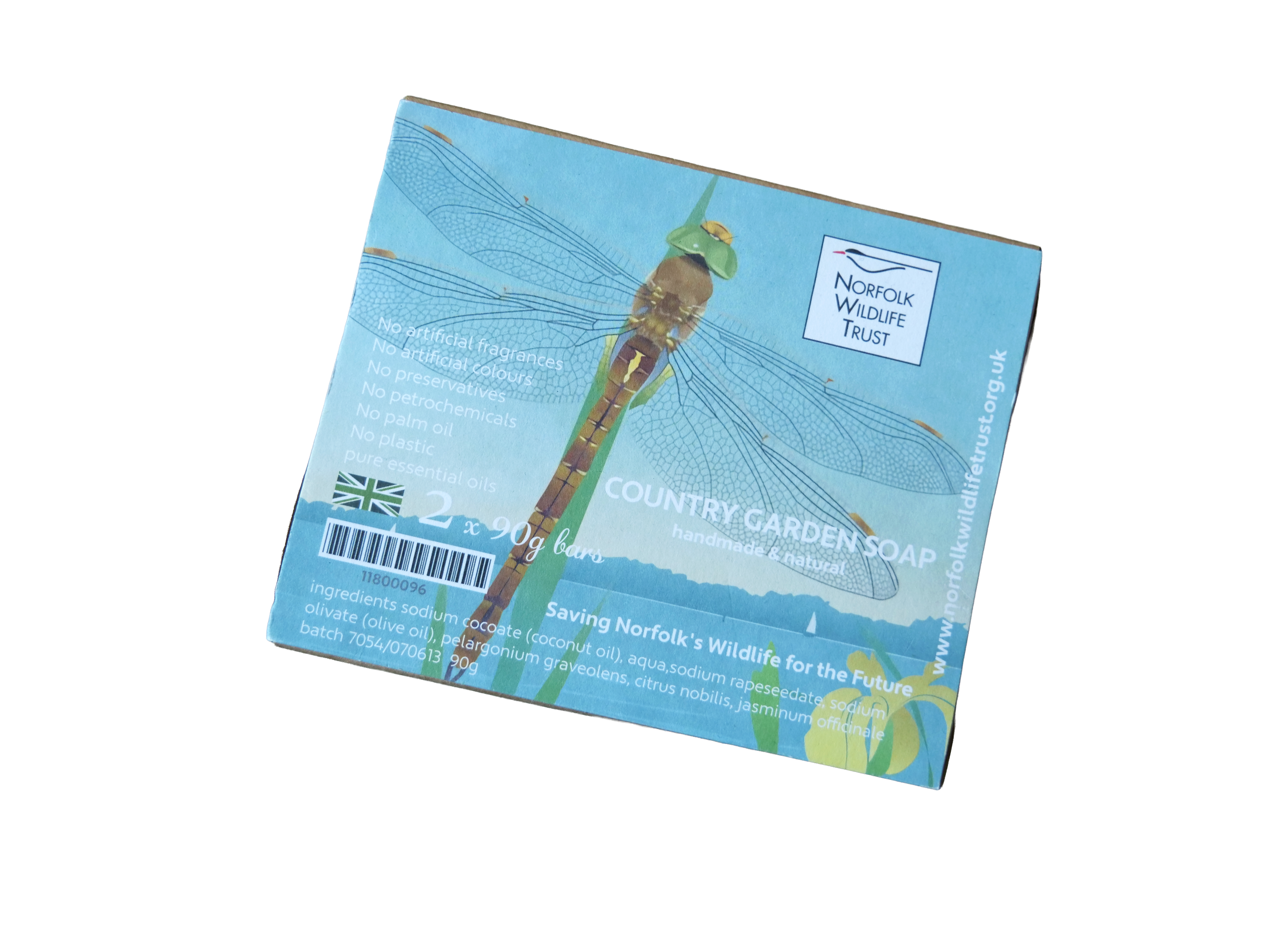 A brown Kraft gift box of two bars of soap decorated with an image of a Norfolk hawker dragonfly and the Norfolk Wildlife Trust logo
