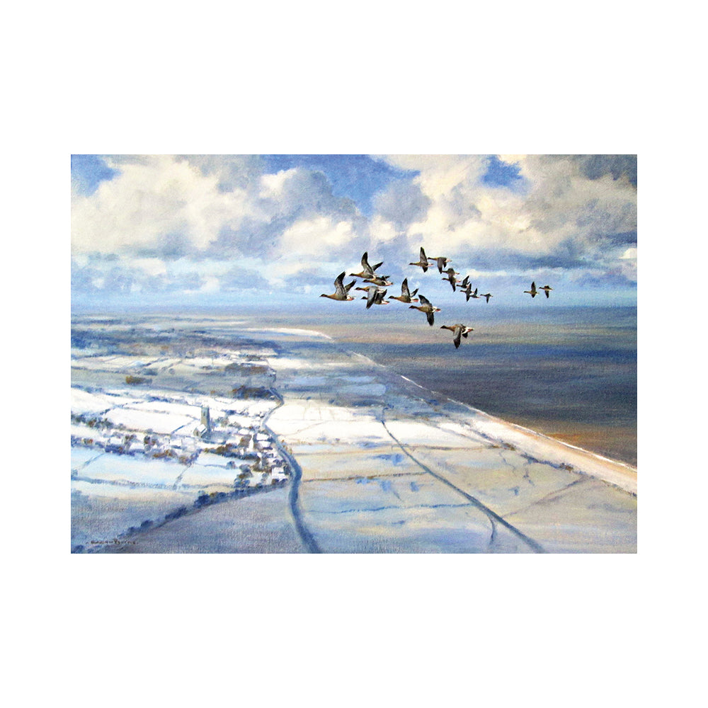 A painting of a skein of pink-footed geese flying high over snow-covered fields near the North Norfolk coastal village of Salthouse