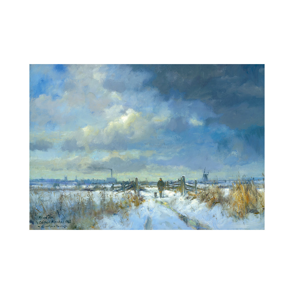 An impressionistic landscape painting of snowy fields in the Norfolk Broads under a dramatic cloudy sky, with a path leading away from Great Yarmouth and a windmill in the distance. Colin Burns the artist has depicted himself walking with his dog in this landscape.