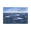 A stylized landscape artwork of Cley Marshes showing the Serpentine which is a winding pale blue body of  water through dark blue marshland, with a murmuration of starlings forming almost a fish shape in the sky above.