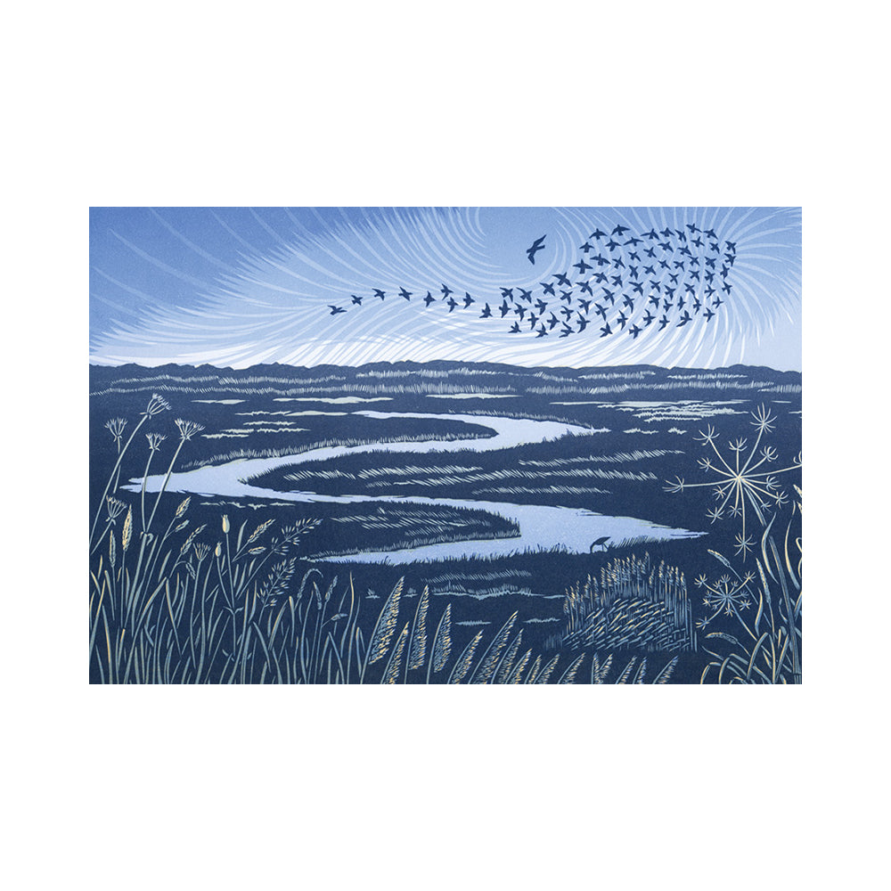 A stylized landscape artwork of Cley Marshes showing the Serpentine which is a winding pale blue body of  water through dark blue marshland, with a murmuration of starlings forming almost a fish shape in the sky above.