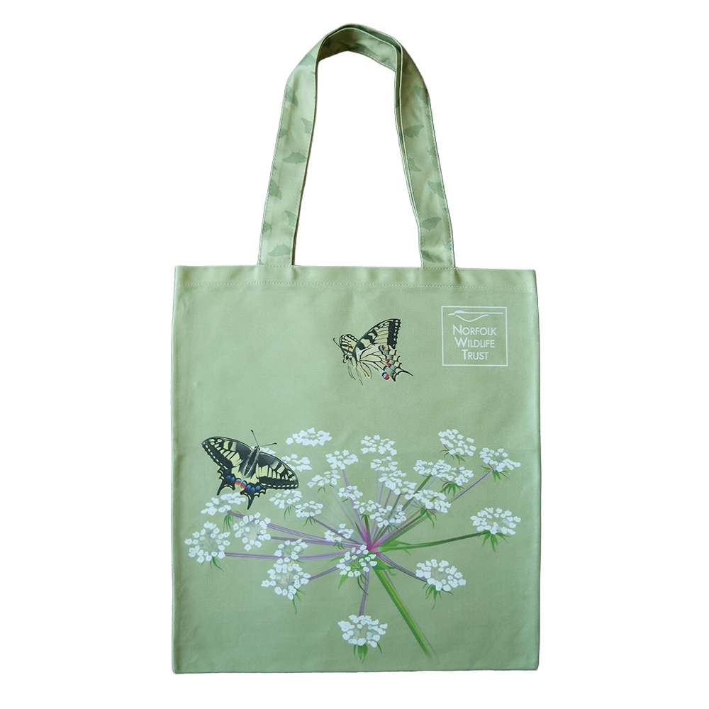 A light green rectangular tote bag features two swallowtail butterflies and their food plant milk-parsley, a plant with clusters of small white flowers