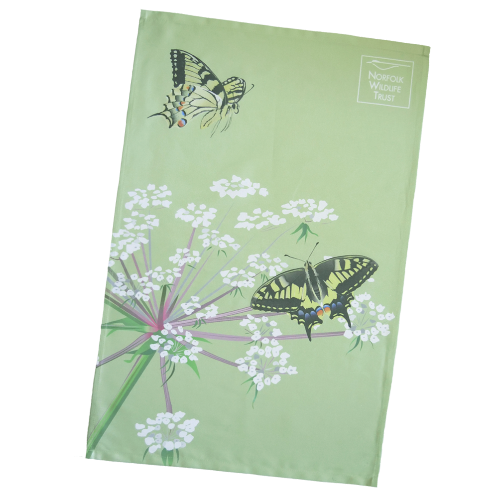 A light green rectangular tote bag features two swallowtail butterflies and their food plant milk-parsley, a plant with clusters of small white flowers
