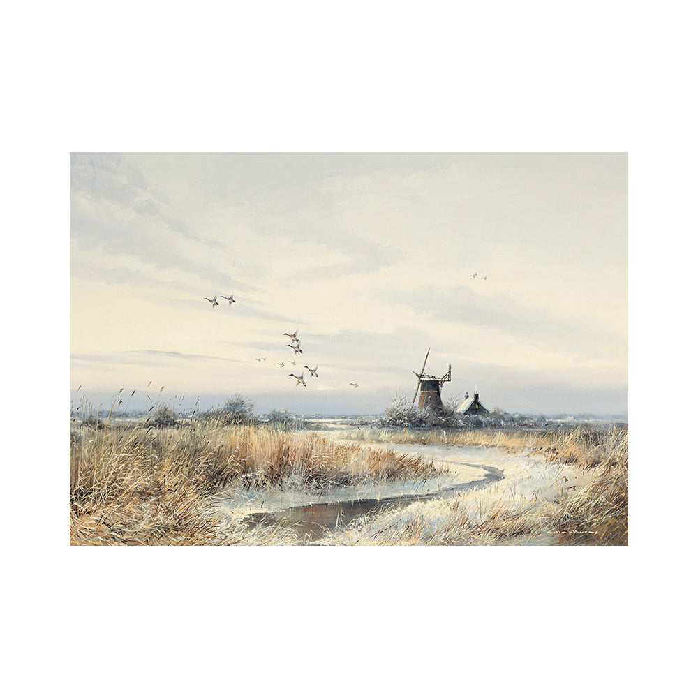 A scenic landscape artwork showing the frost covered Broads, showing a windmill, a small house, flying wigeon, and a pale wintry dawn sky.